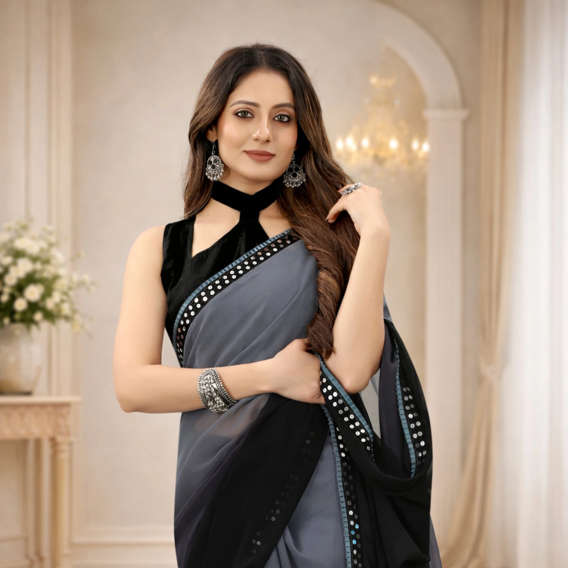 Ethvika fab Solid/Plain, Self Design Bollywood Georgette Saree (Grey)