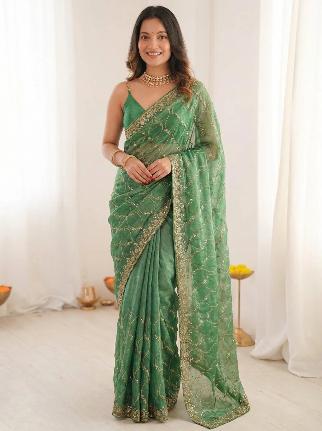 Kalista Embroidered, Embellished Bollywood Chiffon Saree (Green)