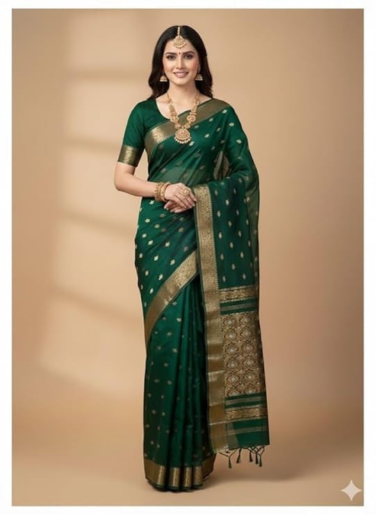 Cotton Silk Regal Radiance: Exclusive Dark Green Jamdani Handloom Saree with Golden Zari Work