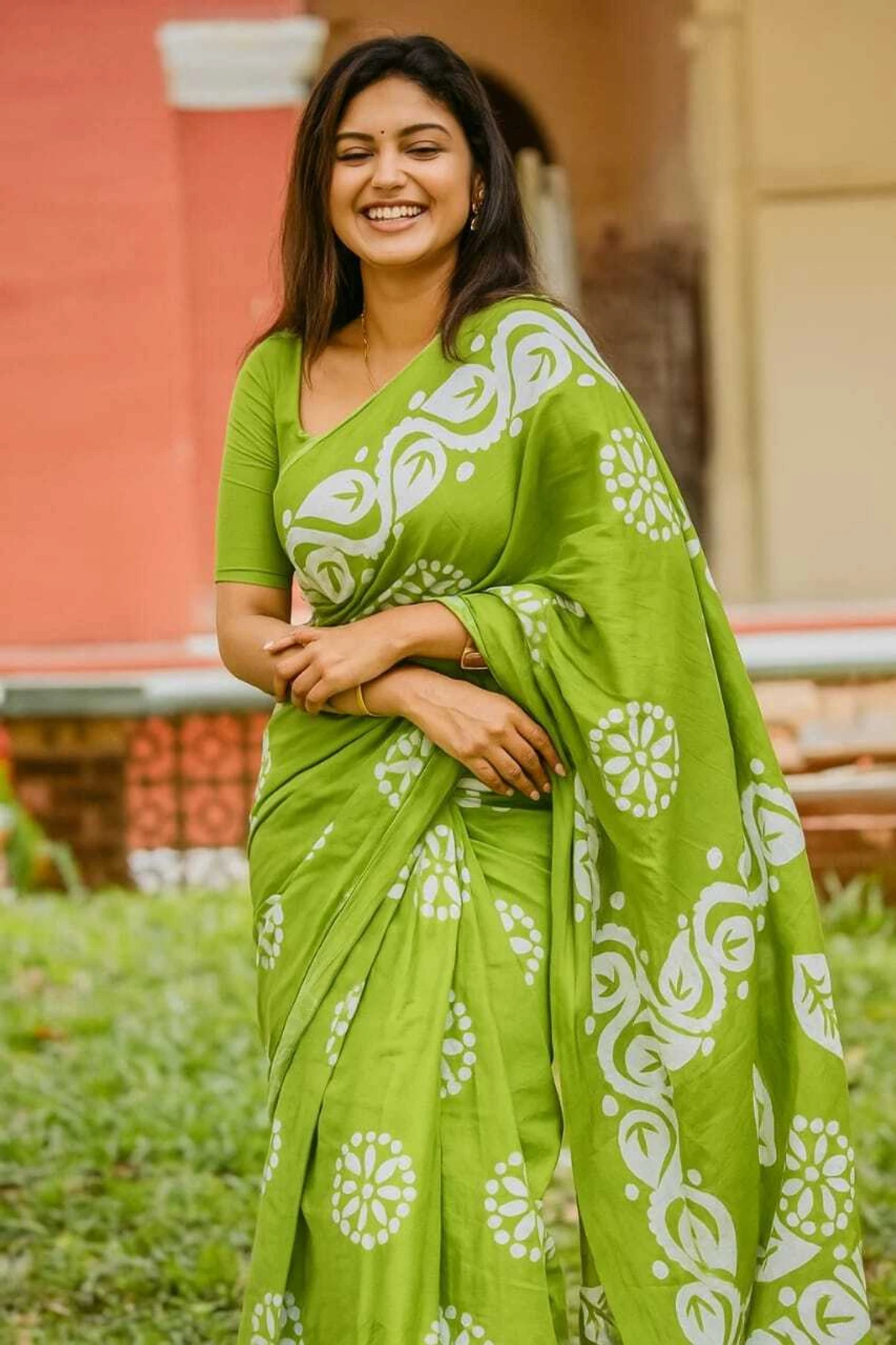 OceanInfinity Printed Daily Wear Pure Cotton Saree (Green)