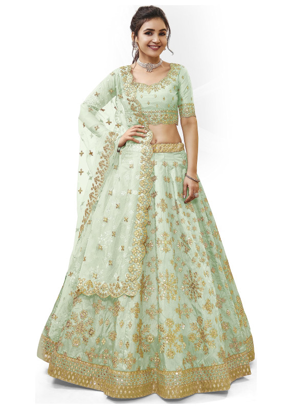 Women's Sequins Zari Embroidered Georgette Semi-stitched Lehenga Choli with Dupatta -Pista-Free Size