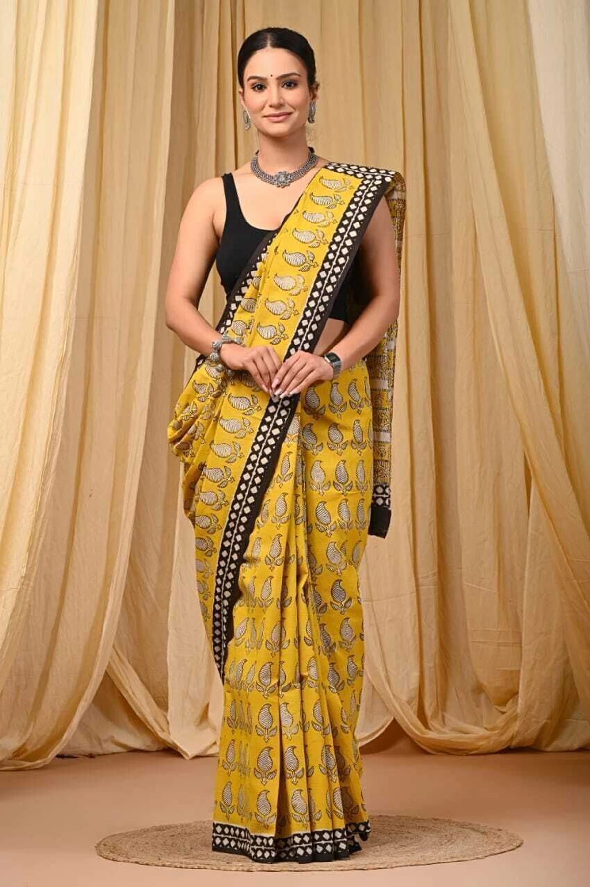 Akshara Fashion Printed Daily Wear Pure Cotton Saree (Mustard)