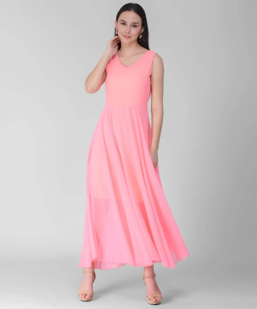 Women's Pink V-Neck Long Dress