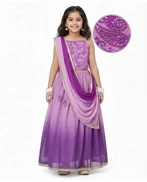 Woven Sleeveless Embroidered Choli Lehenga Set with Dupatta - Pink & Purple