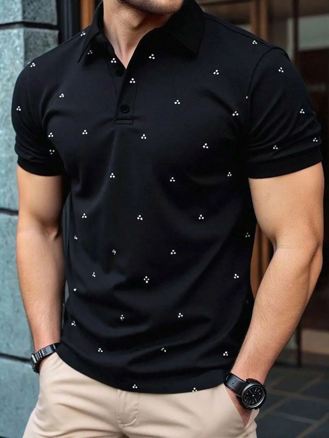 Men Polyester Regular Fit Printed Polo T Shirt ( Black )