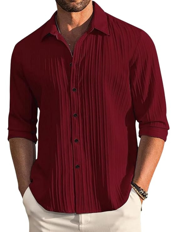 DEELMO Men's Casual Button Down Shirts Long Sleeve Linen Shirt Fashion Textured Beach Summer Shirt