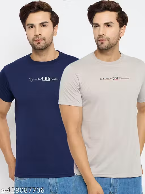 Mens Cotton Blend Navy Casual Wear Regular Fit Printed Tshirt