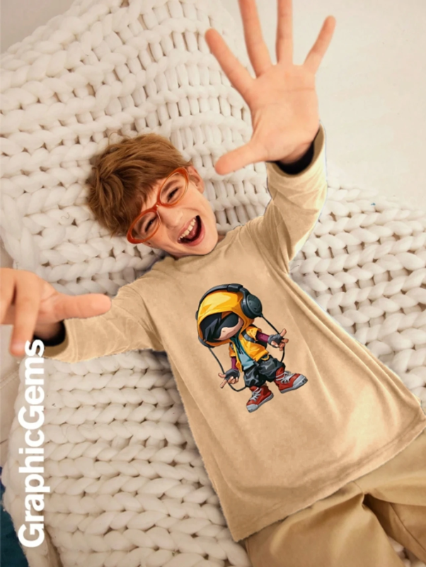 Boys Graphic Print Pure Cotton Regular T Shirt (Beige, Pack of 1)