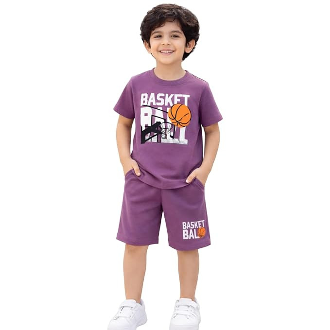 Boys Basketball Printed T-Shirt and Shorts Set, Purple, Cotton Blend, Sports Theme