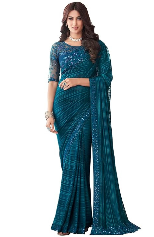 AKHILAM Women's Georgette Embellished Designer Saree With Blouse Piece (Teal blue_SILVER27010_TFH)