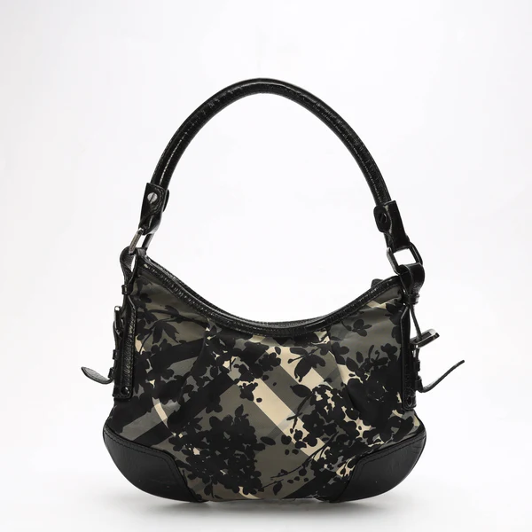 Burberry Black Check Nylon Foley Floral Print Hobo Bag