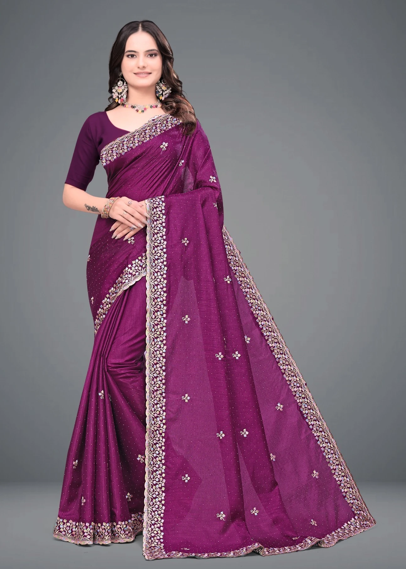 VGHC FASHION Embroidered, Self Design Bollywood Silk Blend, Satin Saree (Purple)