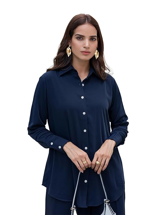 Women Co-Ord Set Shirt and Trouser | Boxy Fit Shirt with Collar & Buttons | Flared Pants with Elastic Waist & Pockets | Stylish Office Wear & Casual Outfit for Women