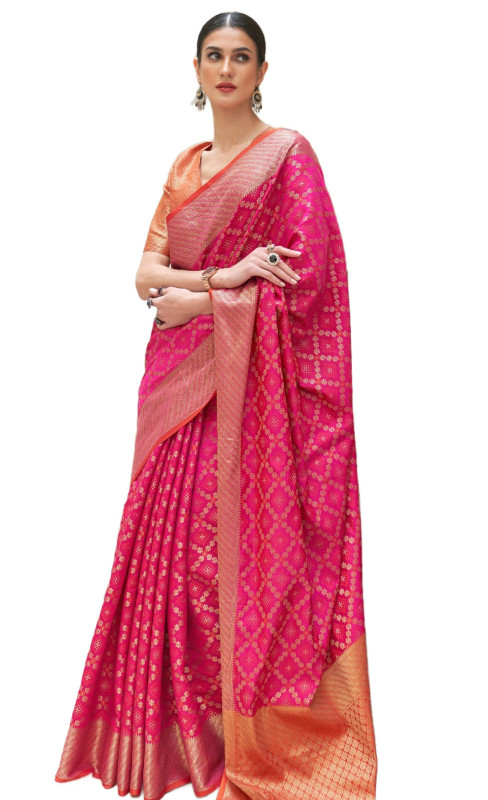 SWORNOF Women's Patola Silk Saree With Unstitched Boluse Piece (PINK)
