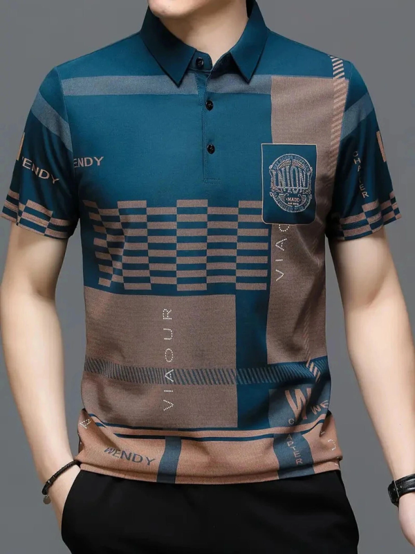 TAZO Men Printed Polo Neck Cotton Blend Blue T-Shirt