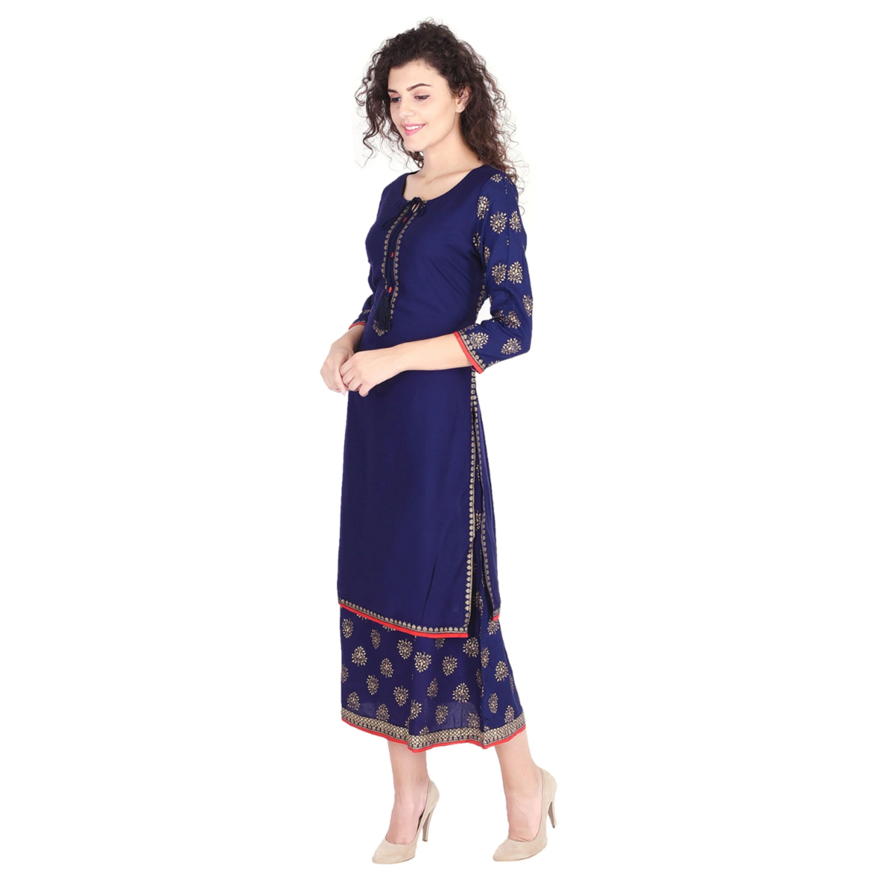 Women's Rayon Printed Double Layered Blue Kurti