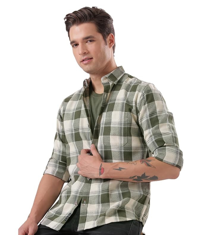 TURMS Men's Anti-Odor Casual Checks Shirt, Moisture Control and Wicking, Button Down Collar, Cool Tech Cotton Fabric, Full Sleeve