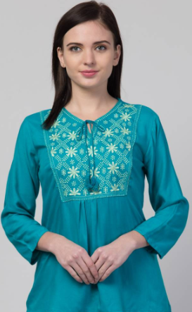 Women Casual Embroidered Women Blue Top