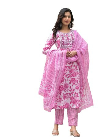 Women Embroidery Straight Floral Printed Kurta and Pant Set with Dupatta in Pink