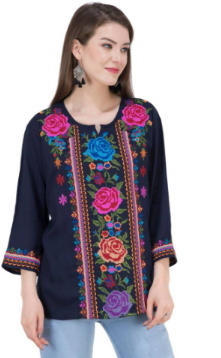 Women's Rayon Navy Blue Embroidered Tunic Top
