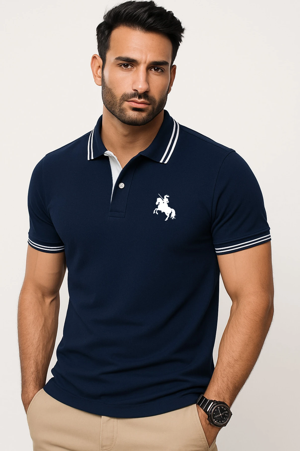 SCATCHITE Men Solid Polo Neck Cotton Blend Navy Blue T-Shirt