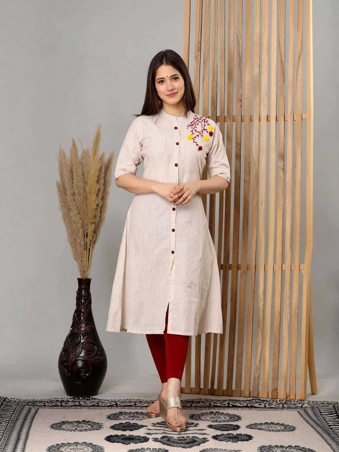 Women Embroidered Pure Cotton A-line Kurta (Beige)