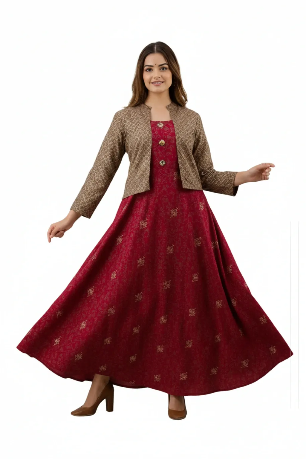 Elegant Maroon Long Gown with Jacket – Limited Stock!  3 reviews