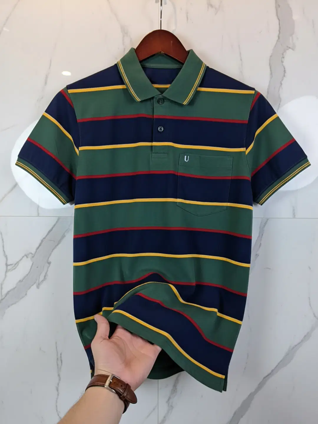 Men Cotton Blend Regular Fit Striped Polo T Shirt ( Olive )