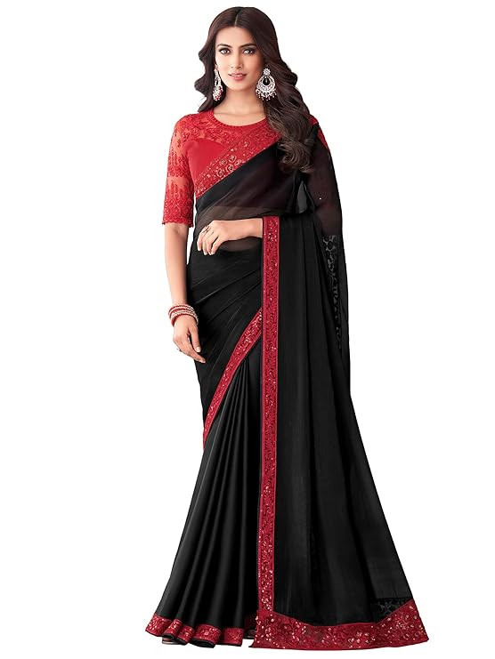 Women's And Girls Embroidery Lace & Sequence Embroidery Banarasi Silk Saree With Unstitched Blouse Piece