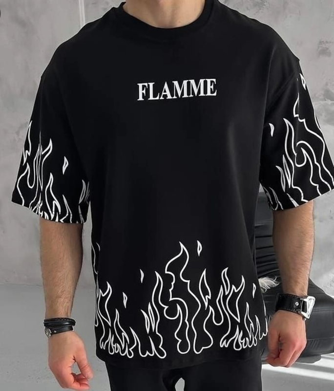 rotaqo Men Printed Round Neck Cotton Blend Black T-Shirt