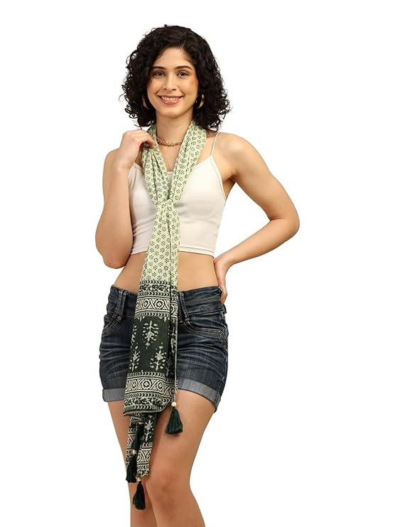KE KANHA EXPORTS Scarf for Women Premium Cotton Boho | Dual Tone Border Print Stole with Tassels | Lightweight Summer Beach Wrap 180 x 50 cm FREE Scrunchie Included
