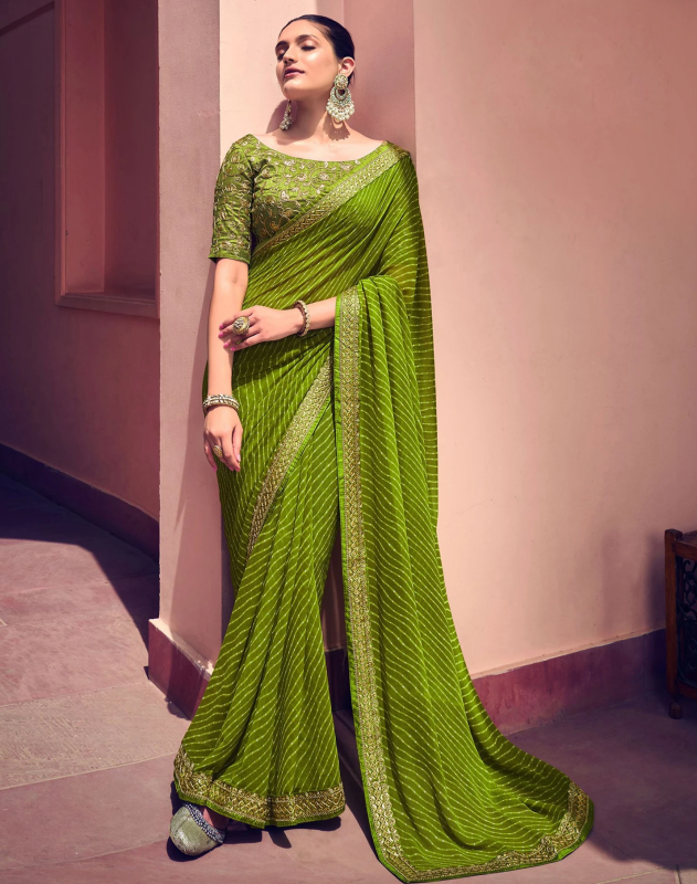 Siril Striped, Embellished Bandhani Georgette Saree (Green, Gold)