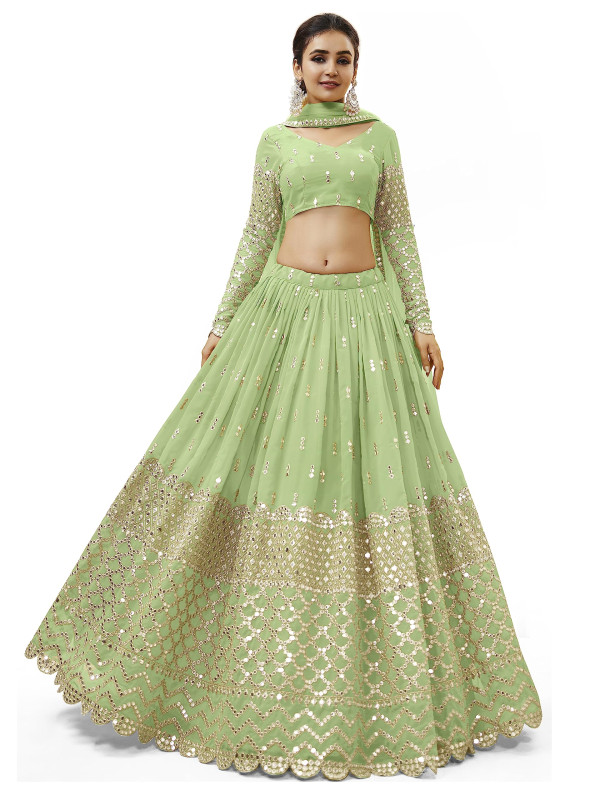 Women's Sequins Zari Embroidered Georgette Semi Stitched Lehenga Choli With Dupatta Free Size Pista