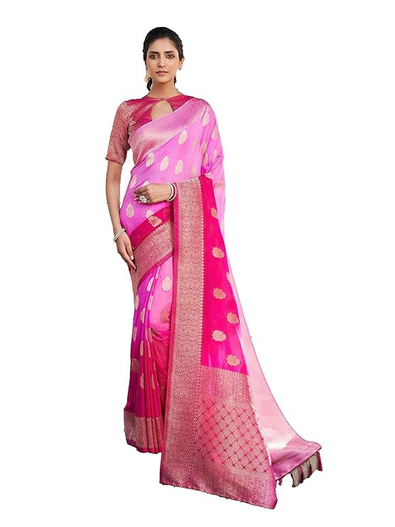 Vardha Women Banarasi Georgette Woven Work Half & Half Saree For Women With Gold Zari Border & Unstitched Blouse Piece, Mahika