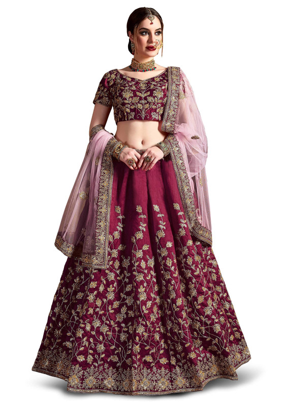 Women's Embroidered Raw Silk Semi-Stitched Lehenga Choli With Dupatta in Maroon free size