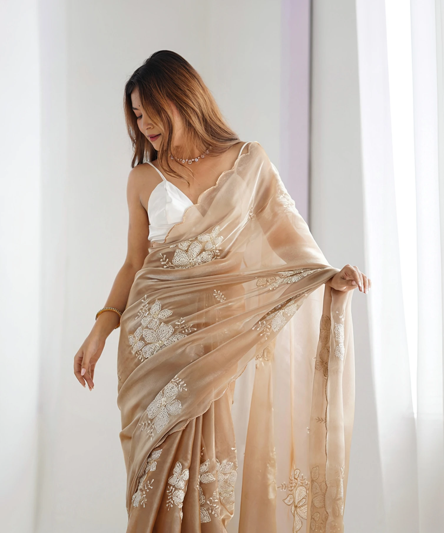 Satrani Embellished, Embroidered Bollywood Chiffon Saree (Beige)