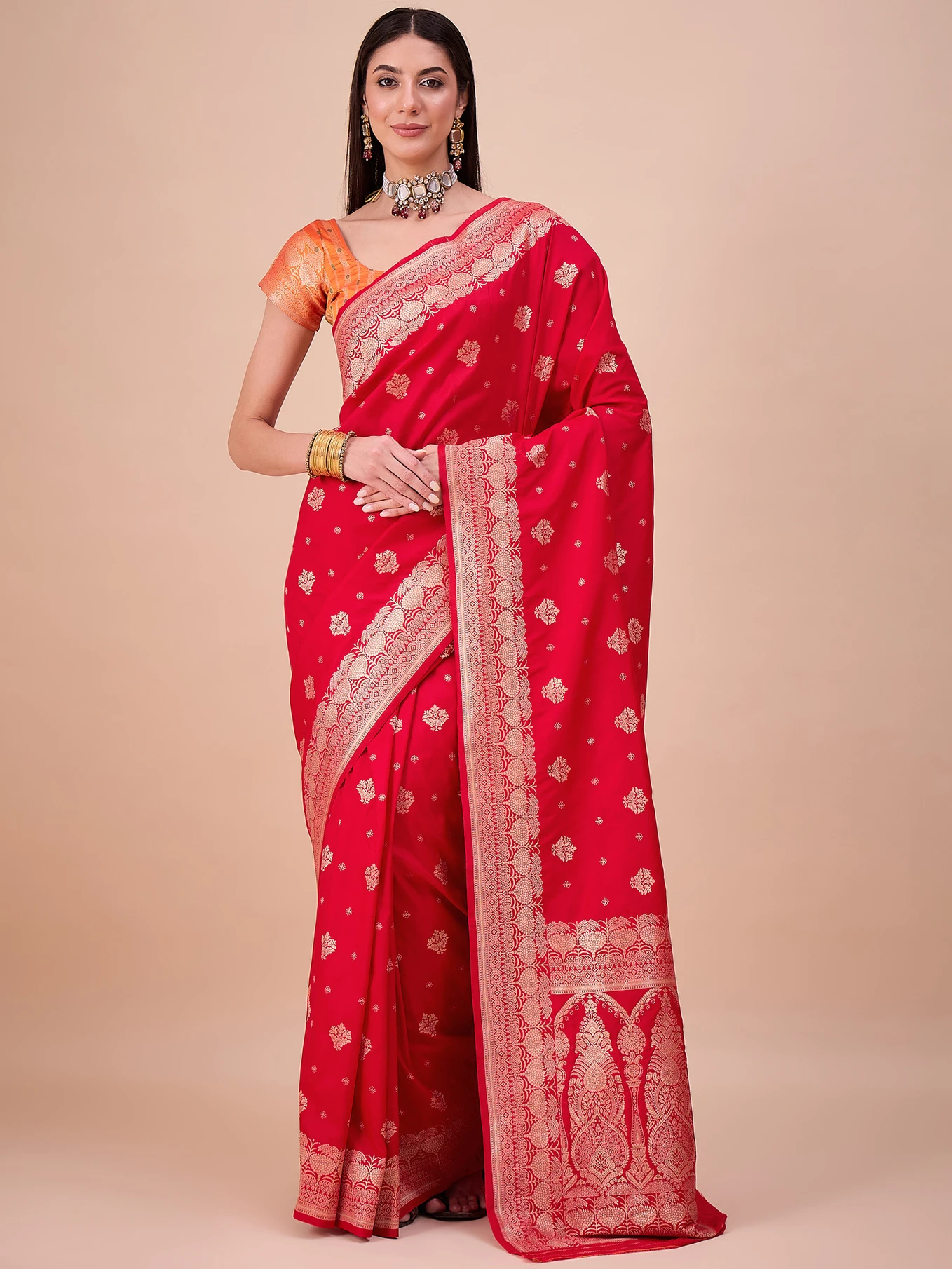 House of Pataudi Woven, Paisley Banarasi Silk Blend Saree (Red)