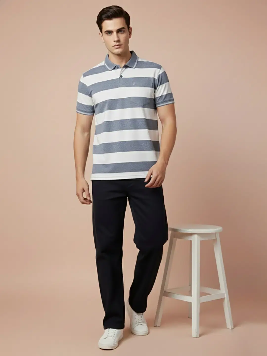 Men Cotton Blend Regular Fit Striped Polo T Shirt ( Blue )