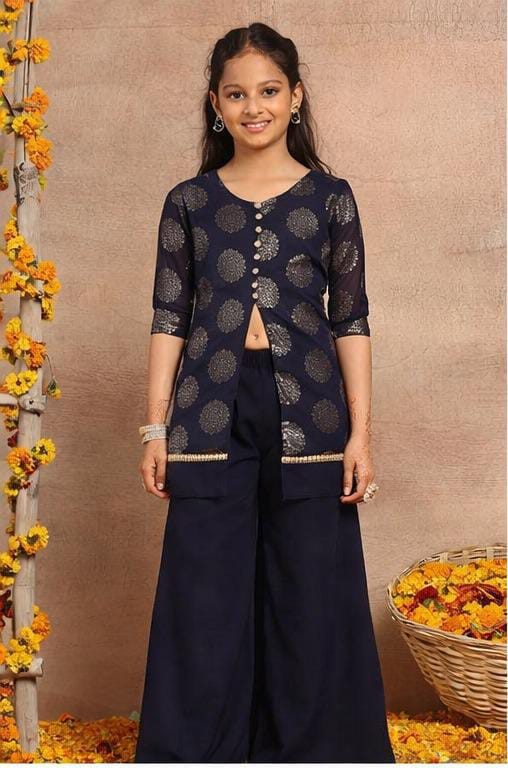 Black Foil Print Front Slit Kurta With Pants (Set of 2)