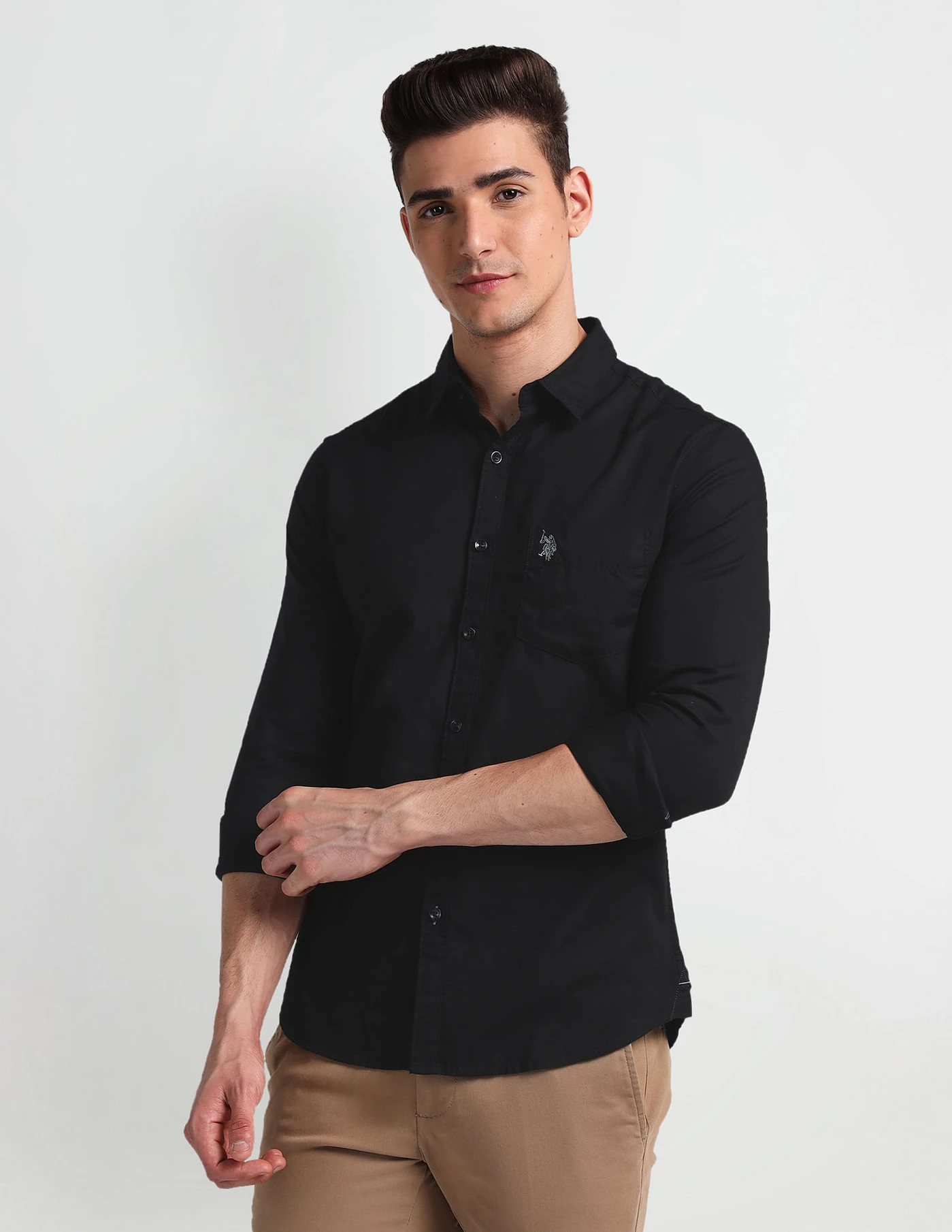 U.S. POLO ASSN. Men Slim Fit Solid Cut Away Collar Casual Shirt