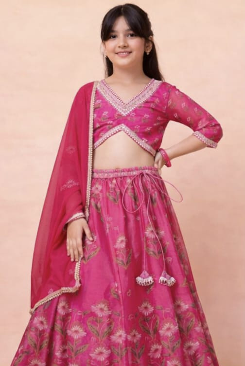 Dark Pink Floral Print Lehenga With Blouse And Dupatta (Set of 3)