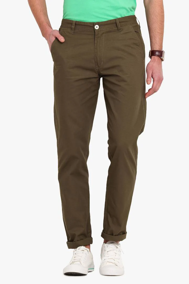 Men's Brown Cotton Solid Mid-Rise Casual Regular Fit Chinos