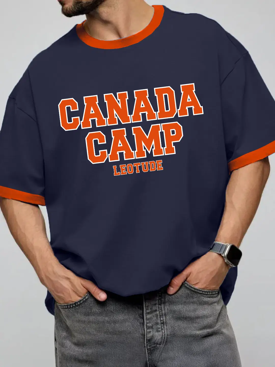 Men Cotton Blend Oversized Fit Printed T-Shirt ( Navy )