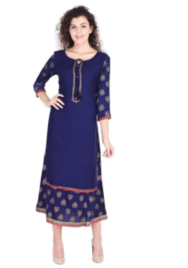 Women's Rayon Printed Double Layered Blue Kurti