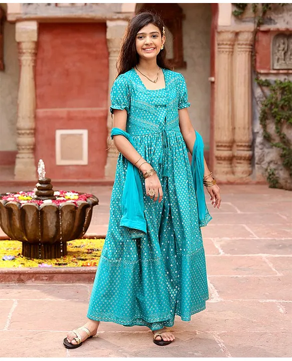 Earthy Touch 100% Cotton Singlet Sleeves Choli & Full Length Printed Lehenga with Long Shrug & Dupatta - Teal Green