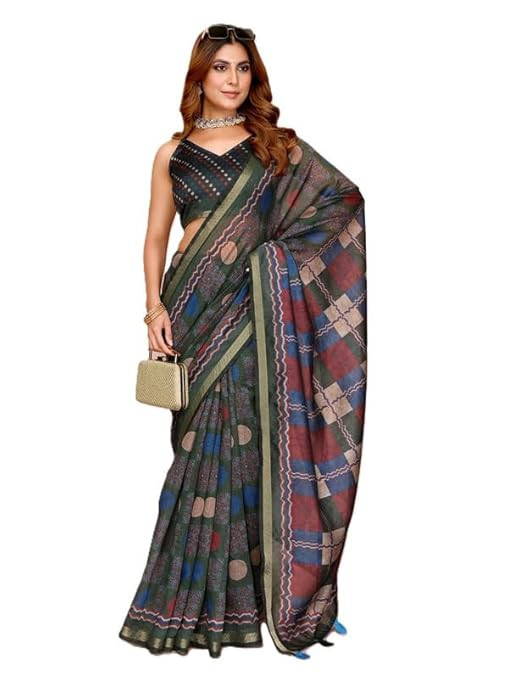 Women Stylish Woven Saree with Decorative Tassel Pallu Contrast Border and Unstitched Blouse Piece for Traditional Use