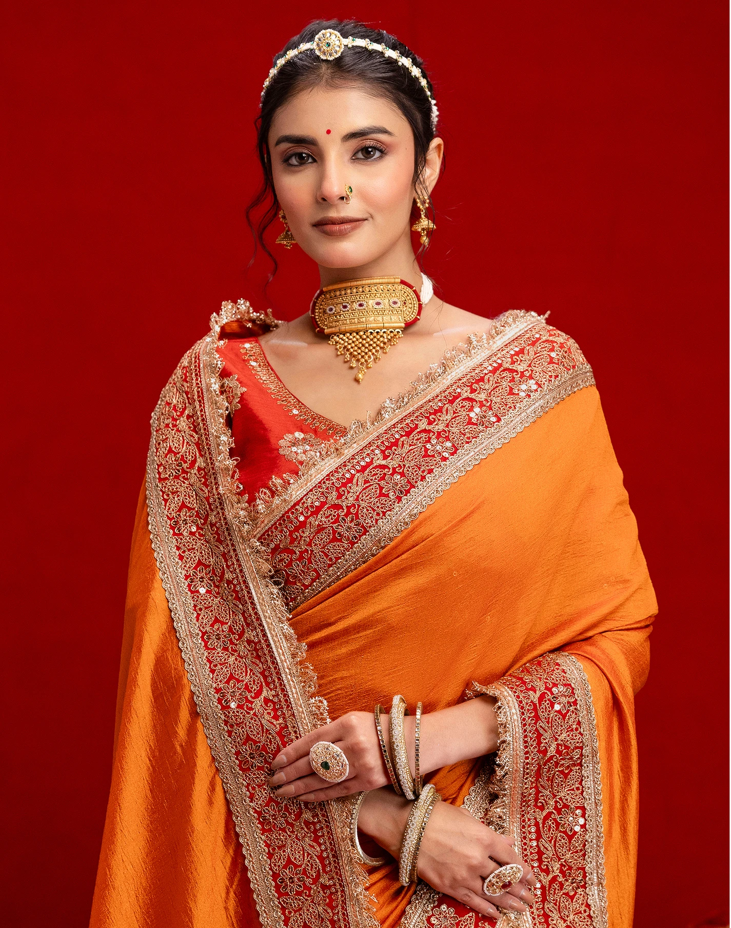 Satrani Embroidered, Embellished Bollywood Silk Blend Saree (Orange)