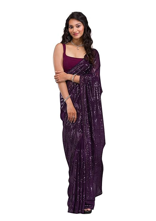 TRENDMALLS Women's Georgette Sequence Embroidery Work Saree with Unstitch Blouse Piece