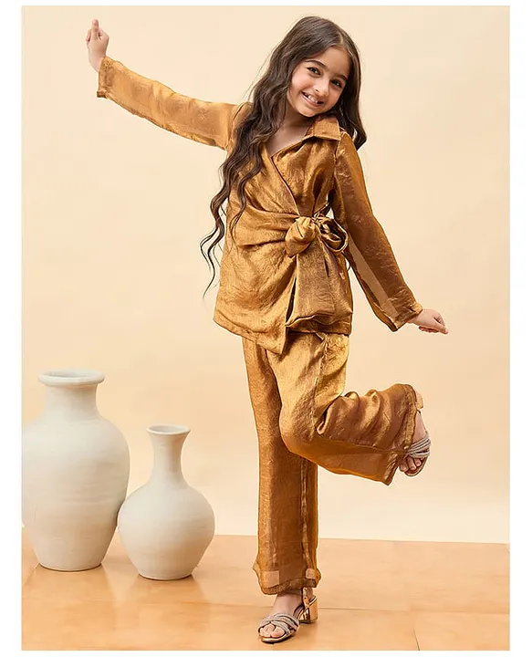 StyloBug Woven Full Sleeves Solid Tie Up Top & Pants Set -Brown