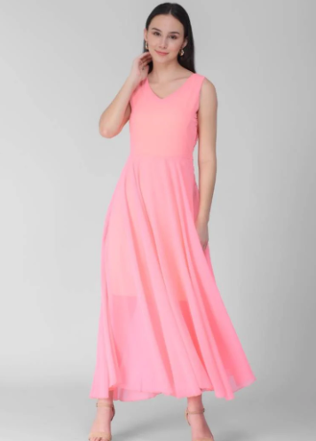 Women's Pink V-Neck Long Dress